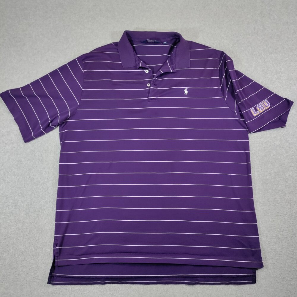 LSU POLO Golf Ralph Lauren Polo Shirt Mens XL Purple Striped Sleeve Logo Pony